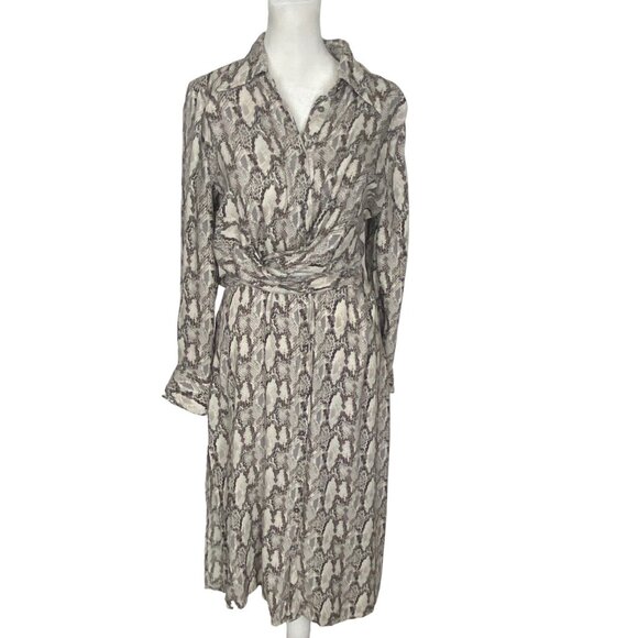 VICI Women Snake Print Midi Dress Sz L Brown Gray Long Sleeve Collared 52-7 - Picture 1 of 16